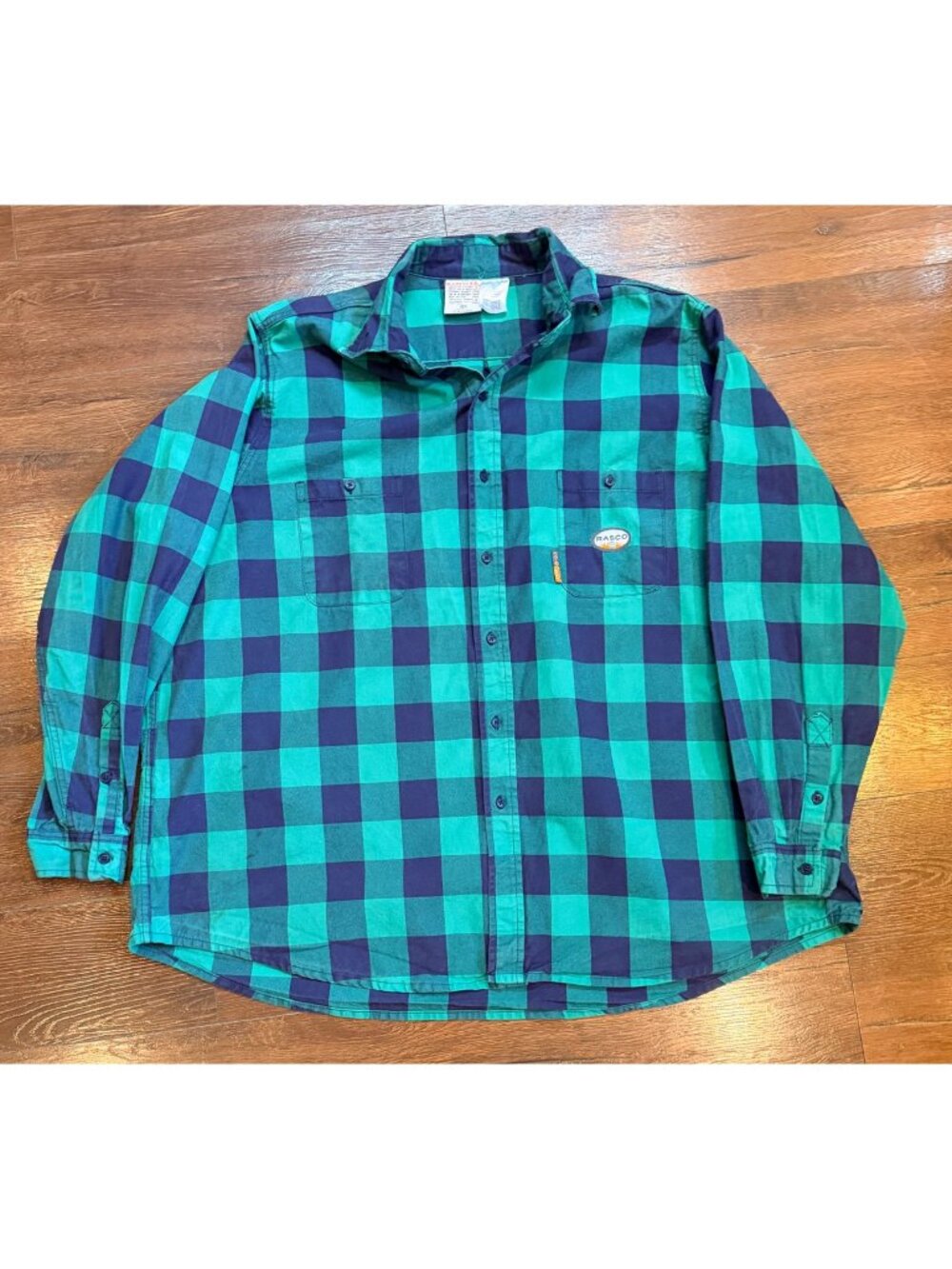 Rasco FR Mens 4XL Tall Flame-Resistant Green & Navy Blue Plaid Long Sleeve Butto
